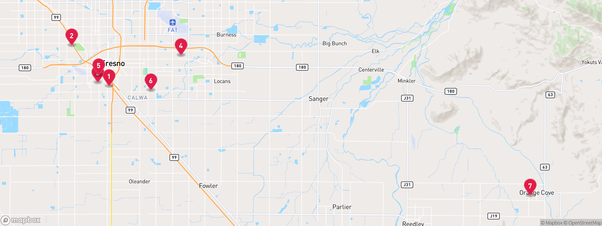 Map of 7 sample mechanics lien properties in Fresno County, numbered to match the table