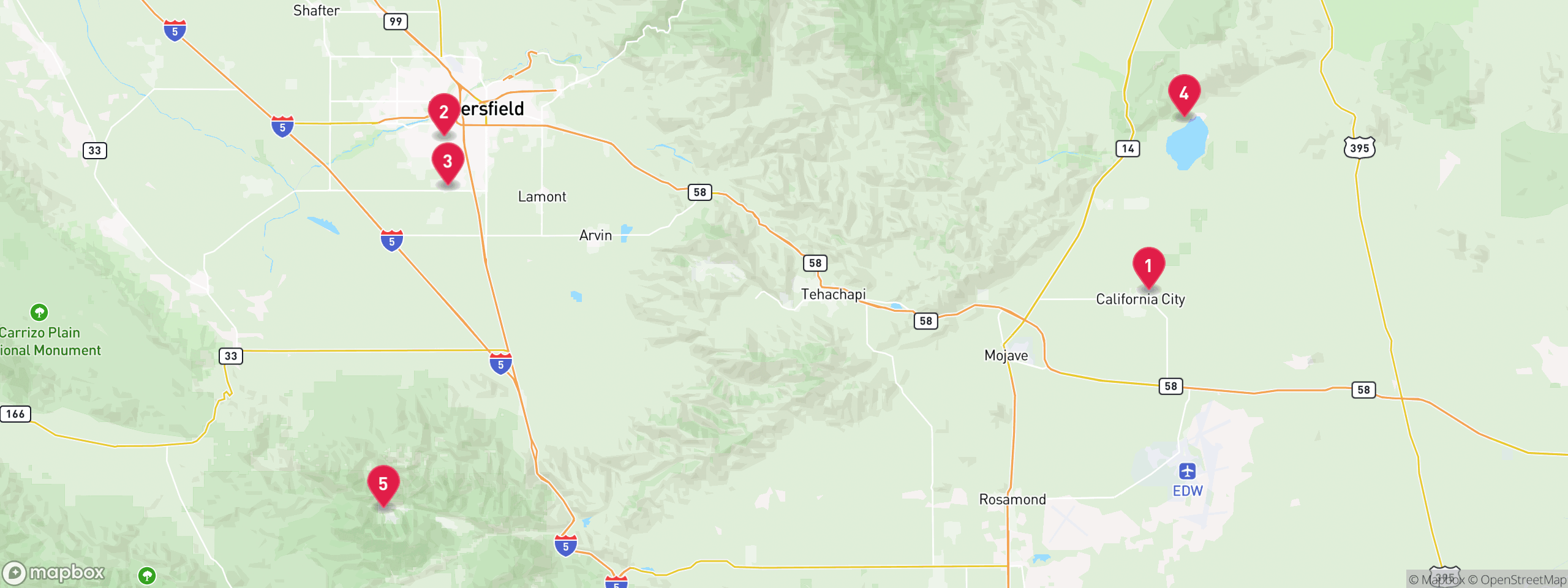 Map of 5 sample mechanics lien properties in Kern County, numbered to match the table