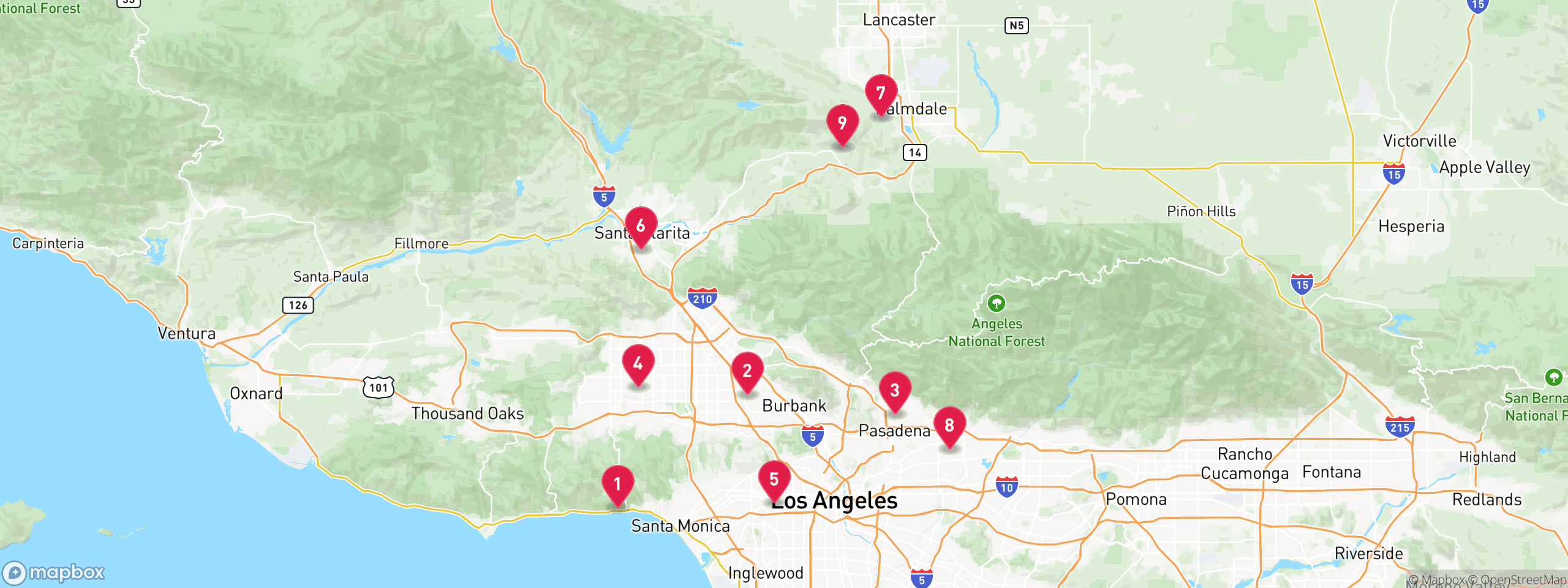 Map of 9 sample mechanics lien properties in Los Angeles County, numbered to match the table