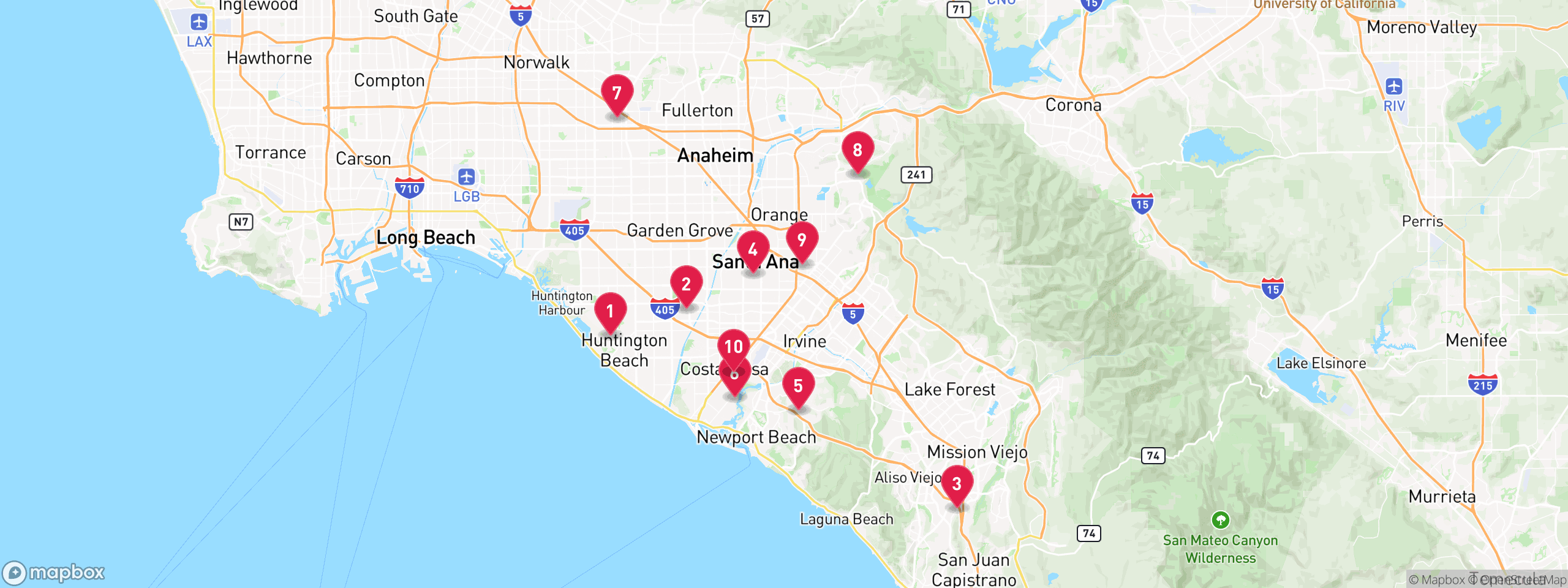 Map of 10 sample mechanics lien properties in Orange County, numbered to match the table