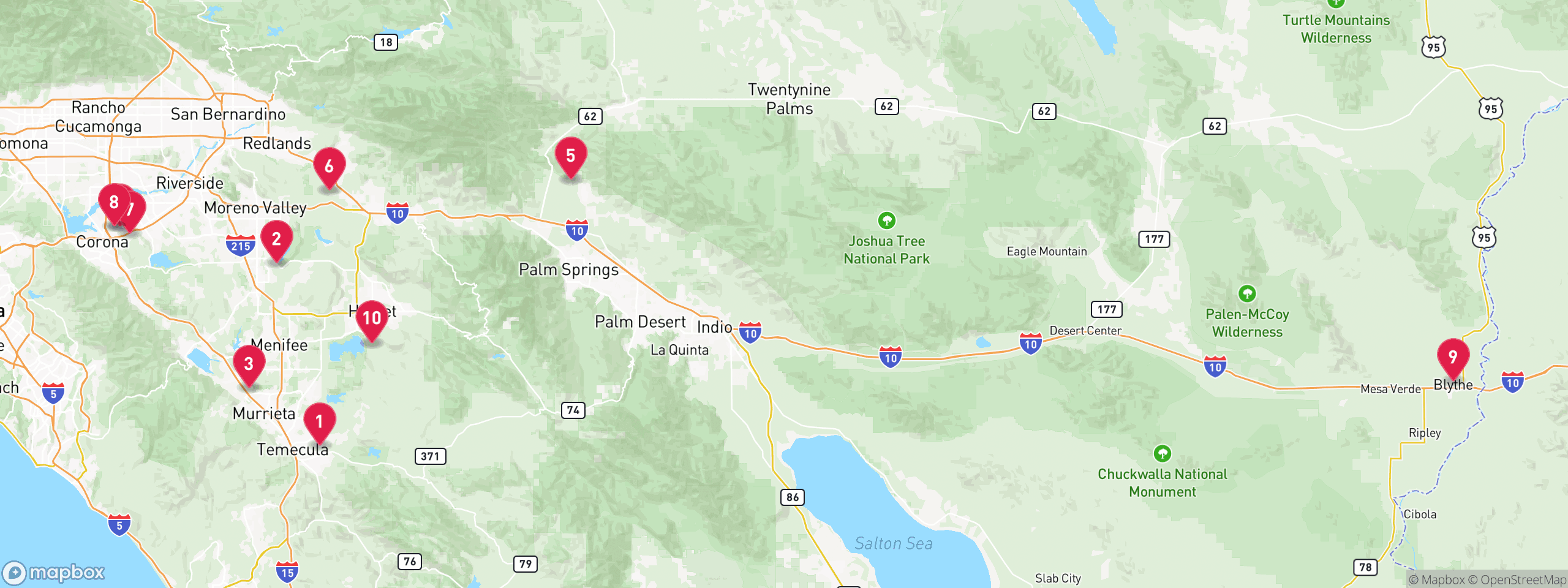 Map of 10 sample mechanics lien properties in Riverside County, numbered to match the table