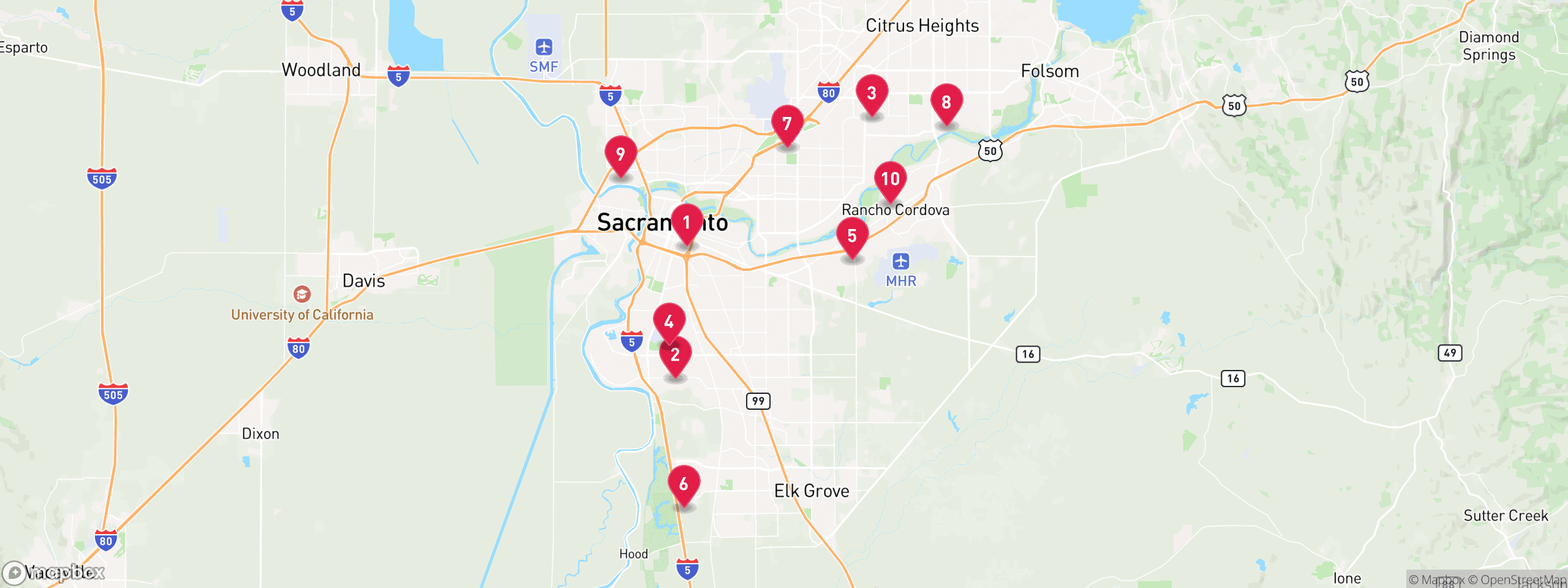 Map of 10 sample mechanics lien properties in Sacramento County, numbered to match the table