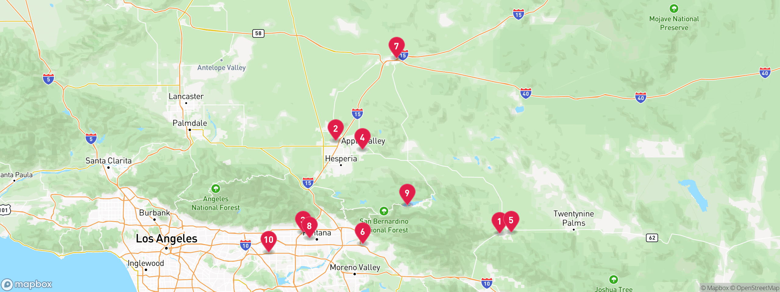 Map of 10 sample mechanics lien properties in San Bernardino County, numbered to match the table