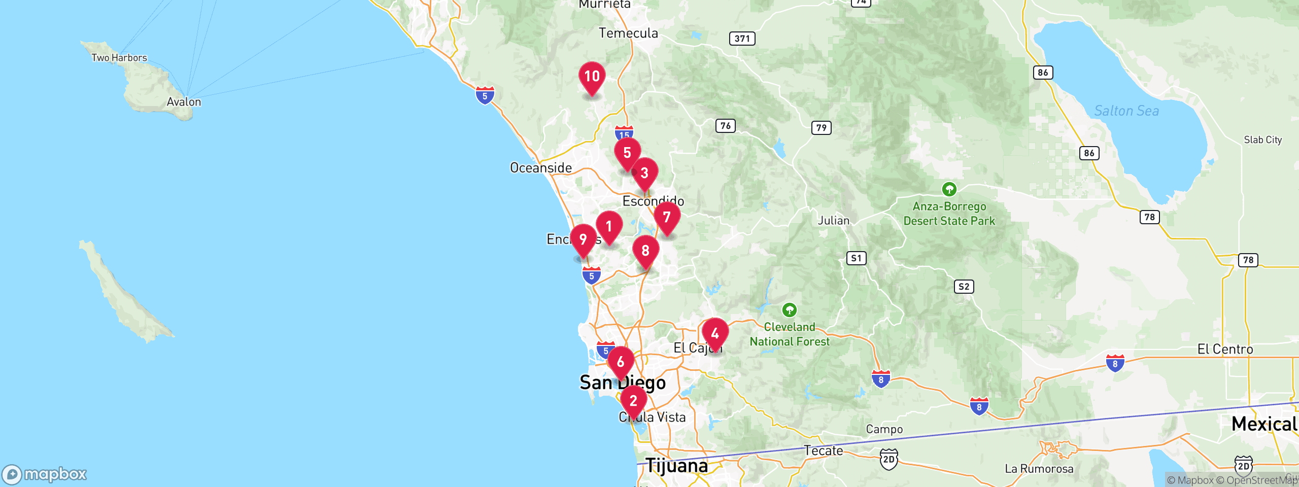 Map of 10 sample mechanics lien properties in San Diego County, numbered to match the table