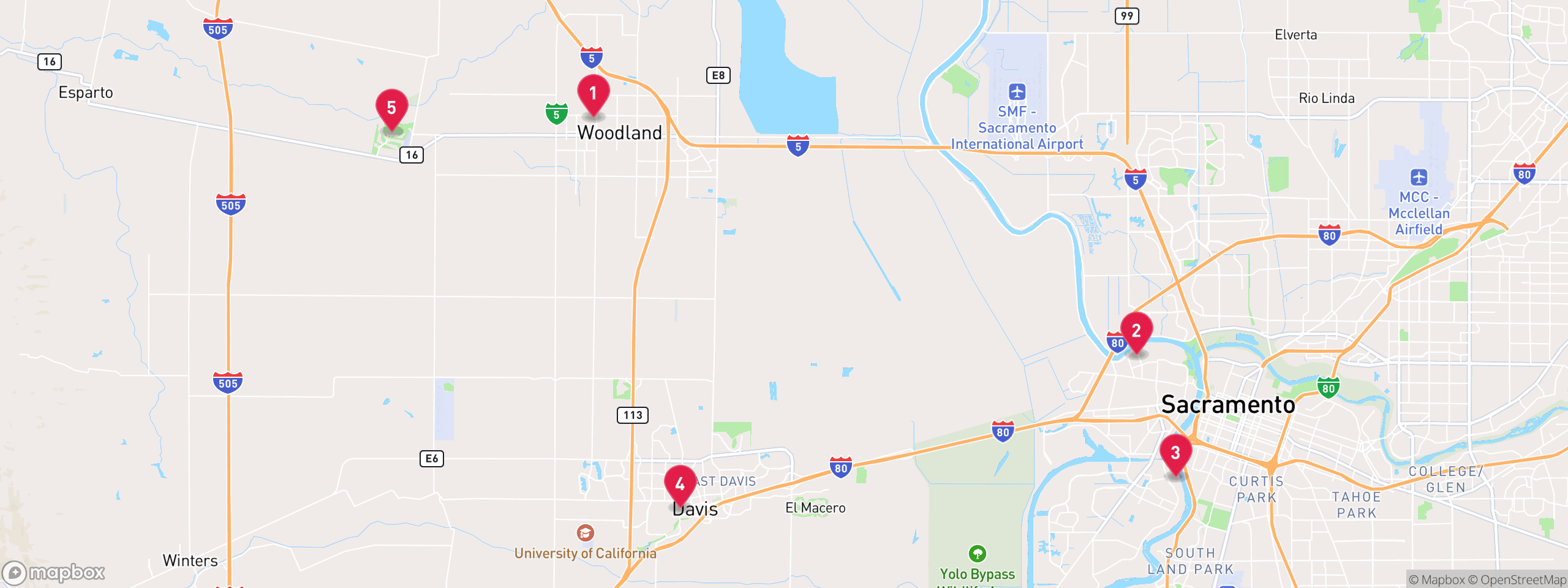 Map of 5 sample mechanics lien properties in Yolo County, numbered to match the table