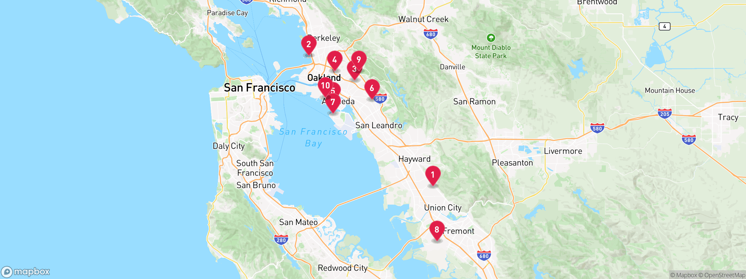 Map of 10 sample notice of default properties in Alameda County, numbered to match the table