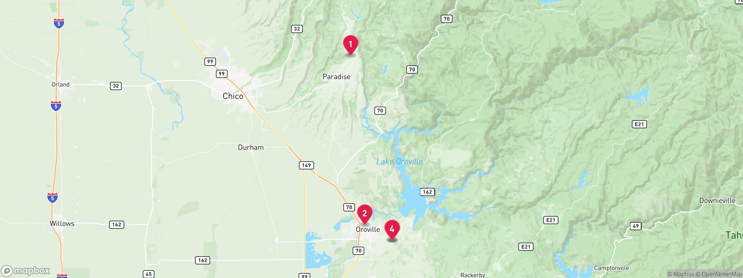 Map of 4 sample notice of default properties in Butte County, numbered to match the table