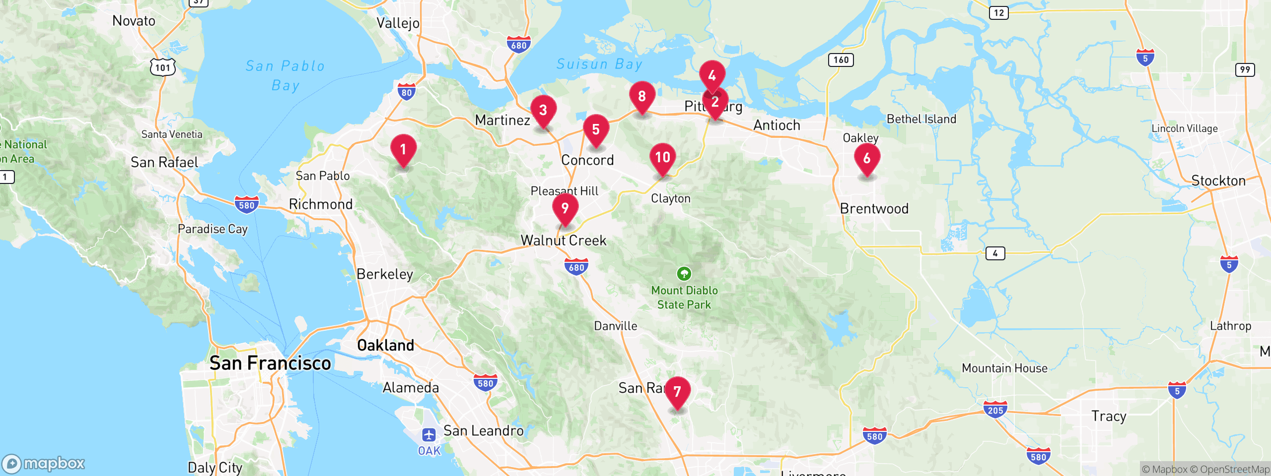 Map of 10 sample notice of default properties in Contra Costa County, numbered to match the table