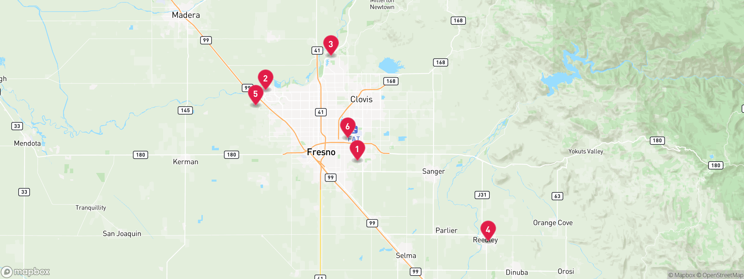 Map of 6 sample notice of default properties in Fresno County, numbered to match the table