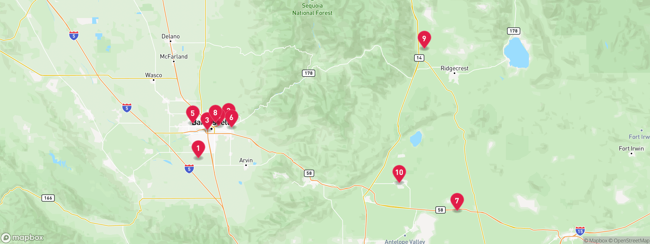 Map of 10 sample notice of default properties in Kern County, numbered to match the table