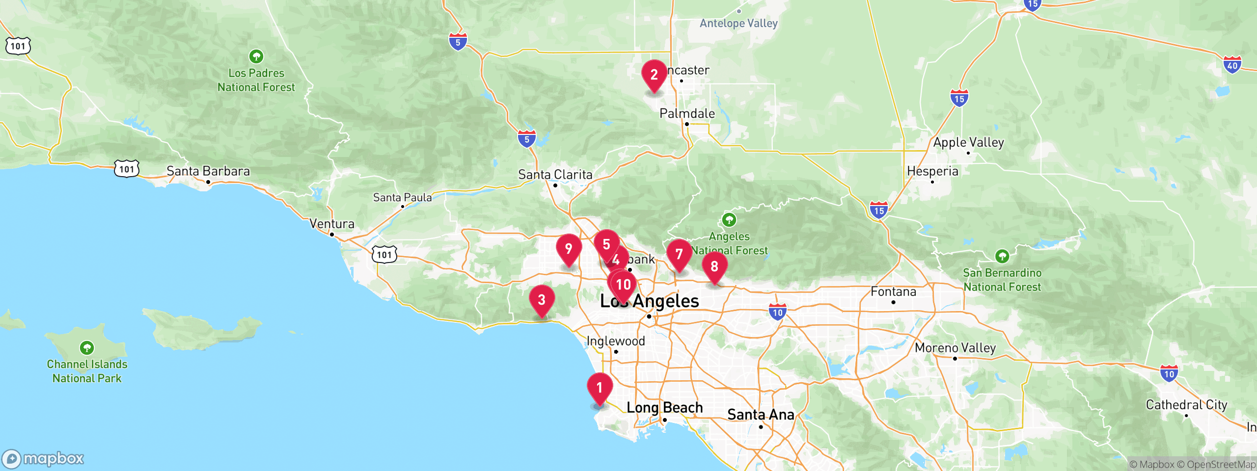 Map of 10 sample notice of default properties in Los Angeles County, numbered to match the table