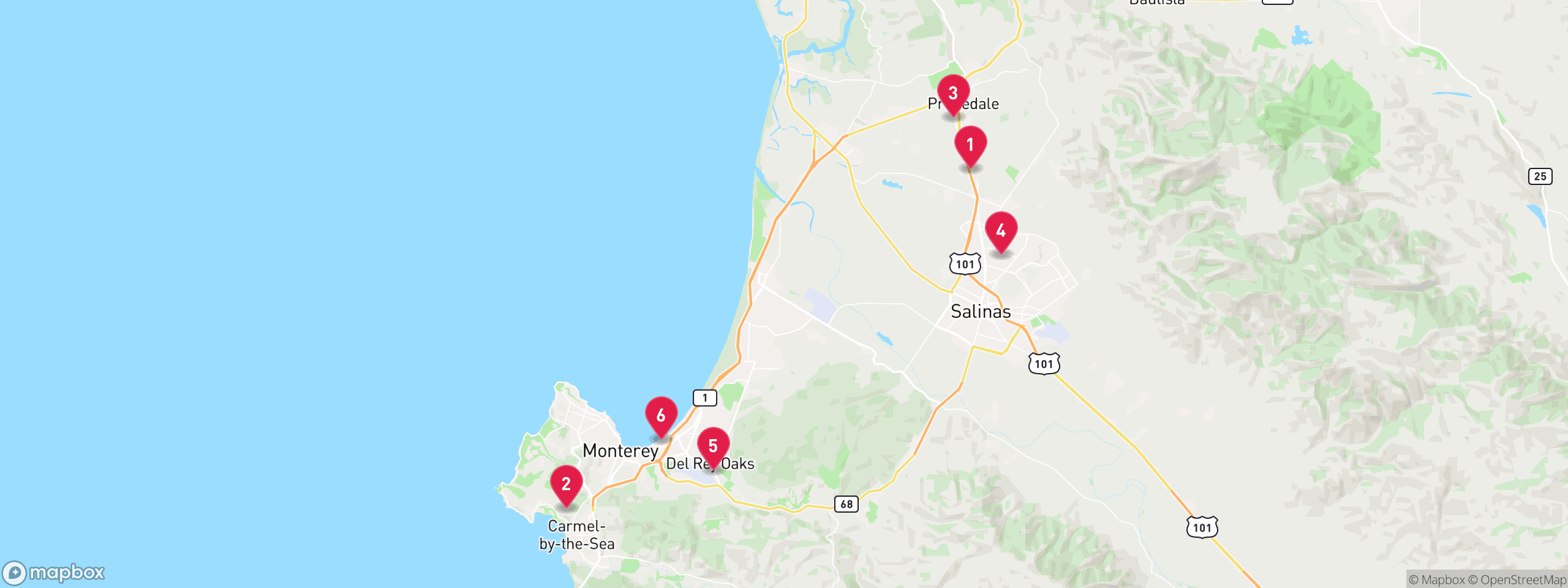Map of 6 sample notice of default properties in Monterey County, numbered to match the table