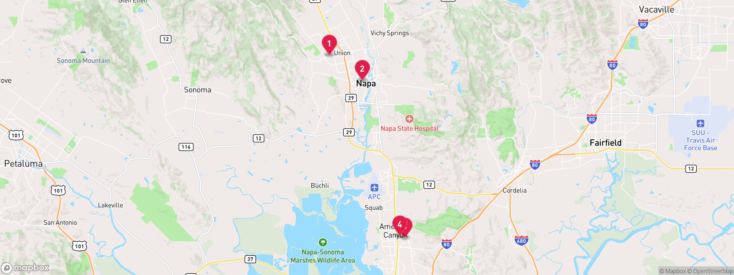 Map of 4 sample notice of default properties in Napa County, numbered to match the table