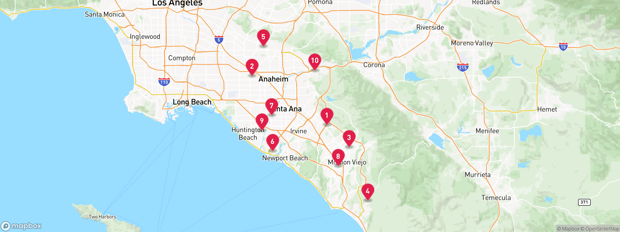 Map of 10 sample notice of default properties in Orange County, numbered to match the table