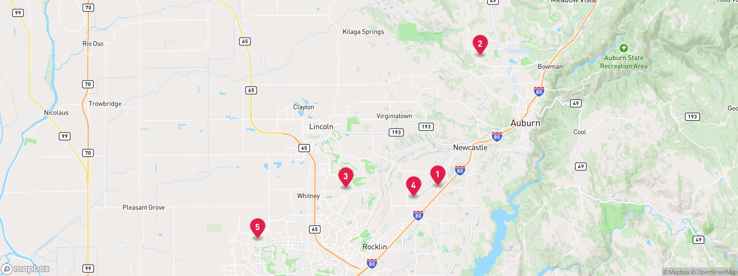 Map of 5 sample notice of default properties in Placer County, numbered to match the table