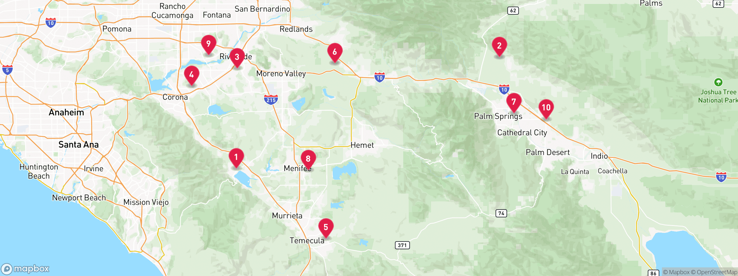 Map of 10 sample notice of default properties in Riverside County, numbered to match the table