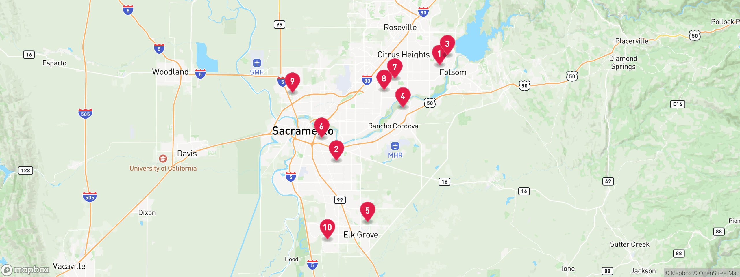 Map of 10 sample notice of default properties in Sacramento County, numbered to match the table