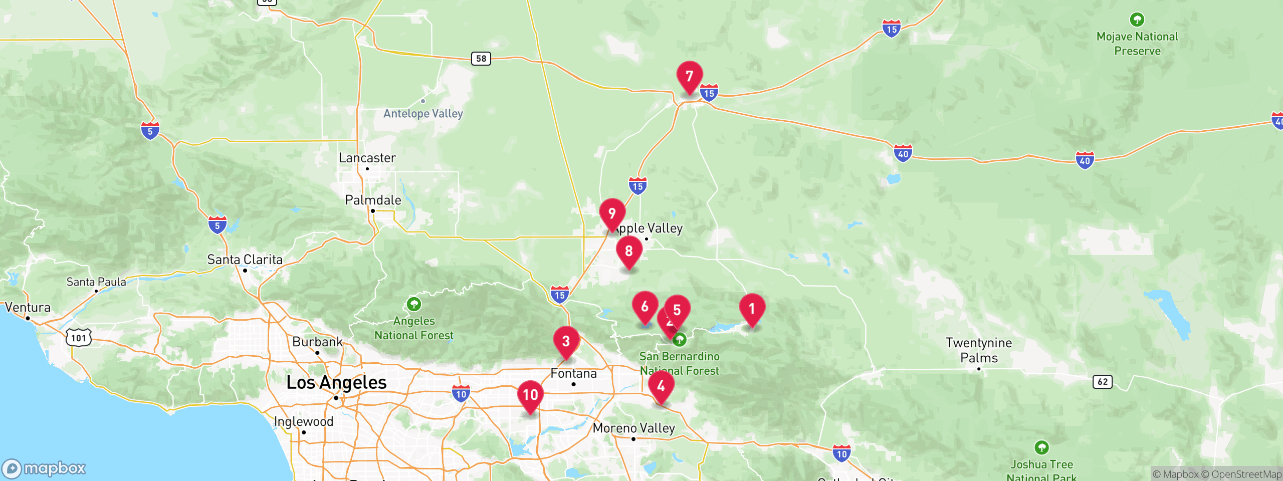Map of 10 sample notice of default properties in San Bernardino County, numbered to match the table