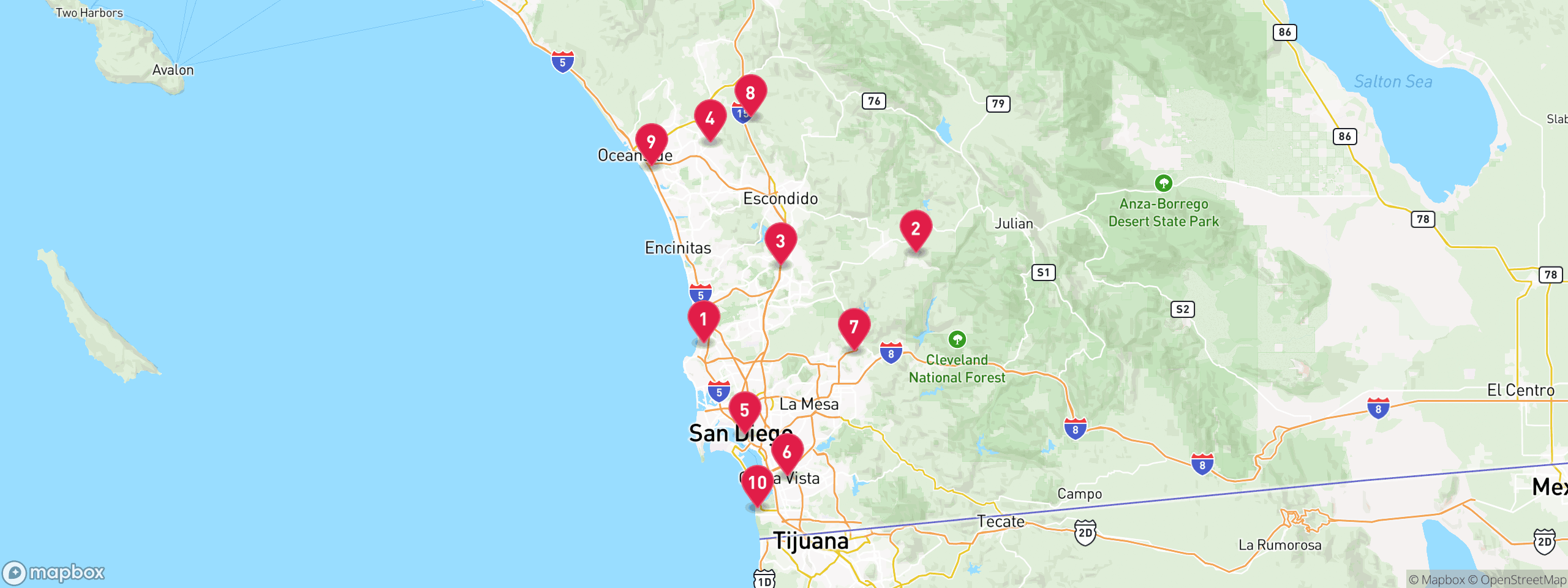 Map of 10 sample notice of default properties in San Diego County, numbered to match the table