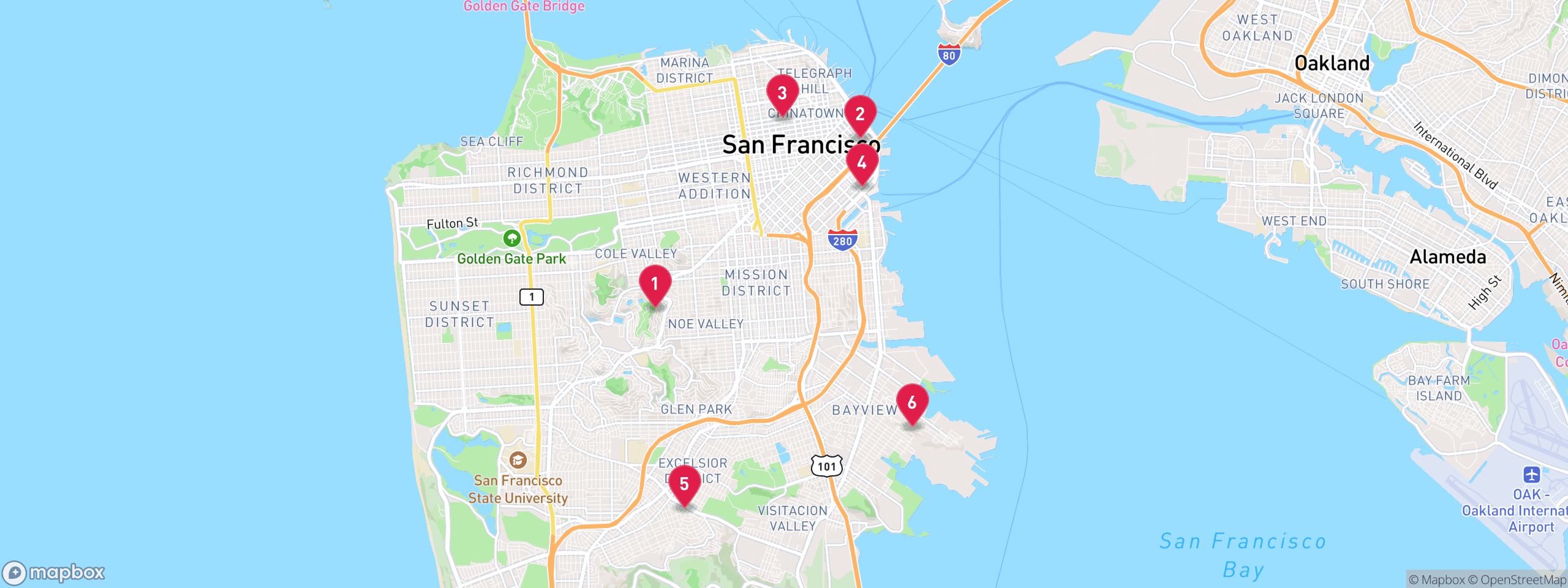 Map of 6 sample notice of default properties in San Francisco County, numbered to match the table