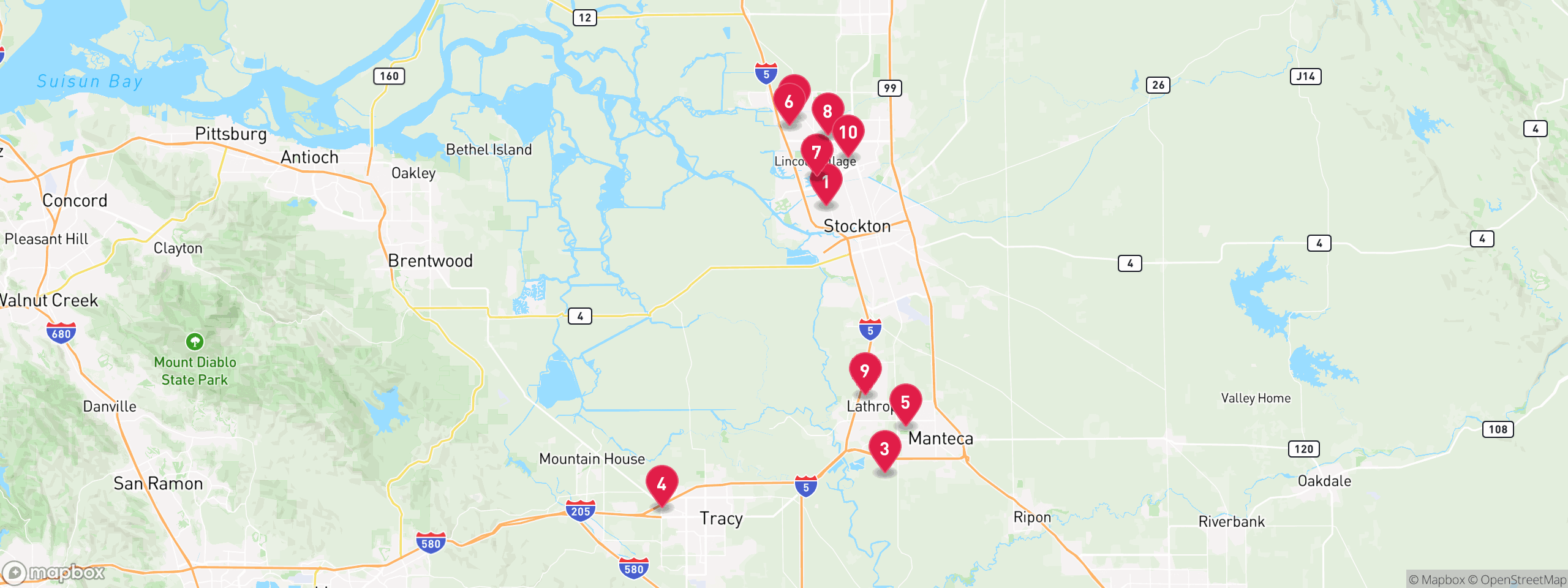Map of 10 sample notice of default properties in San Joaquin County, numbered to match the table