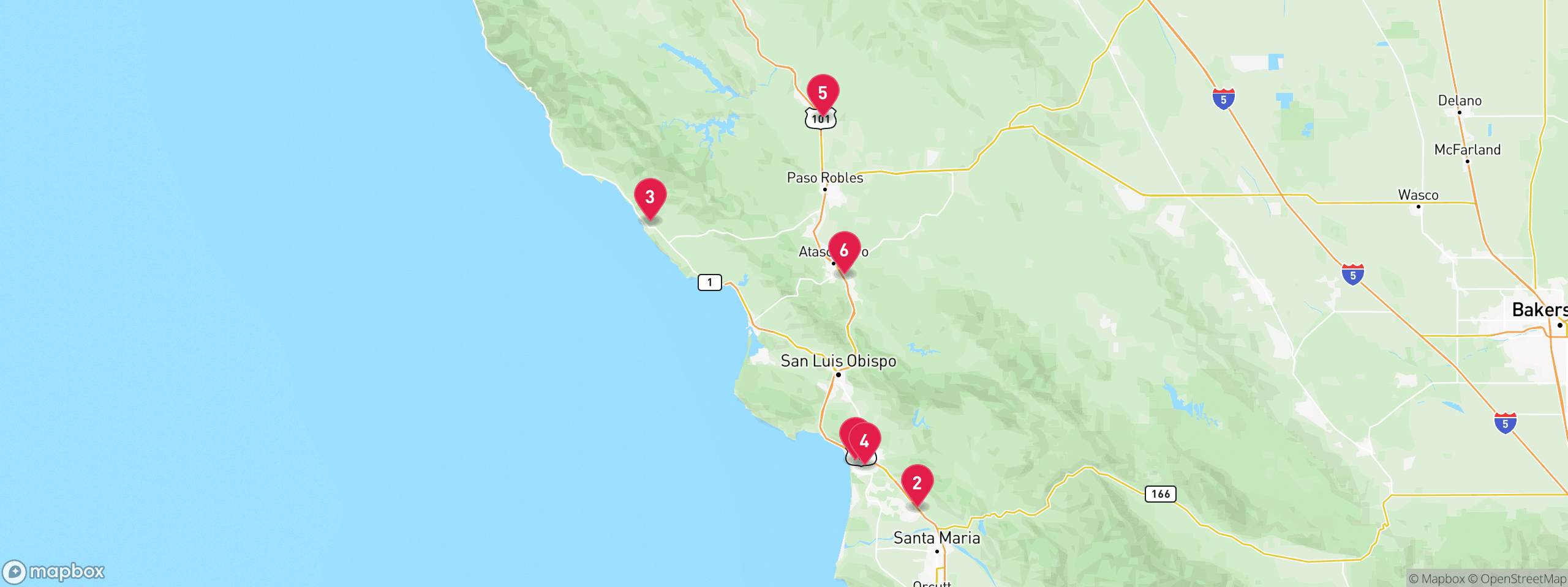 Map of 6 sample notice of default properties in San Luis Obispo County, numbered to match the table