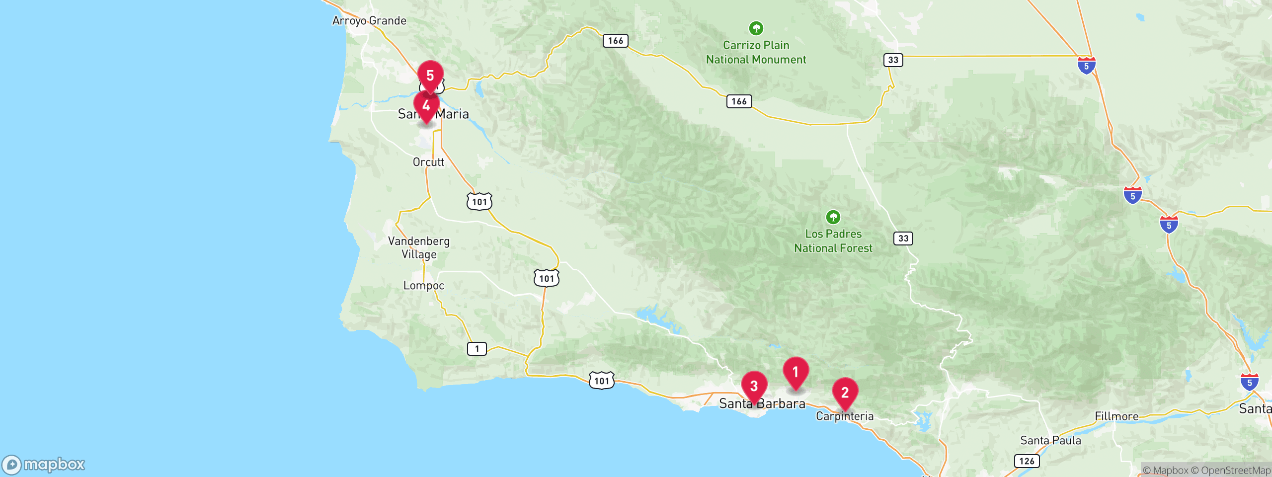 Map of 5 sample notice of default properties in Santa Barbara County, numbered to match the table