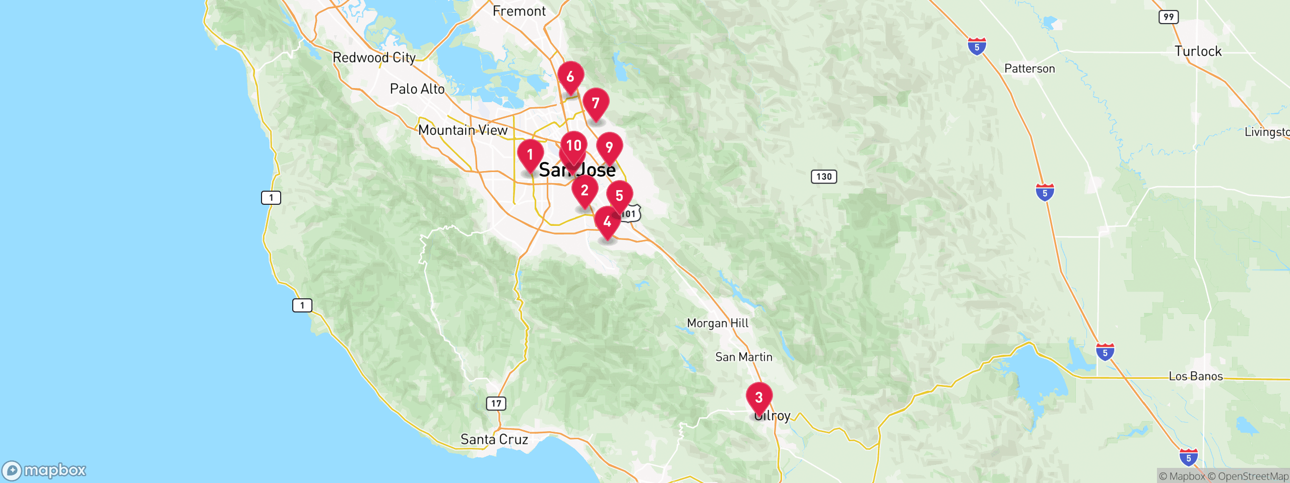Map of 10 sample notice of default properties in Santa Clara County, numbered to match the table