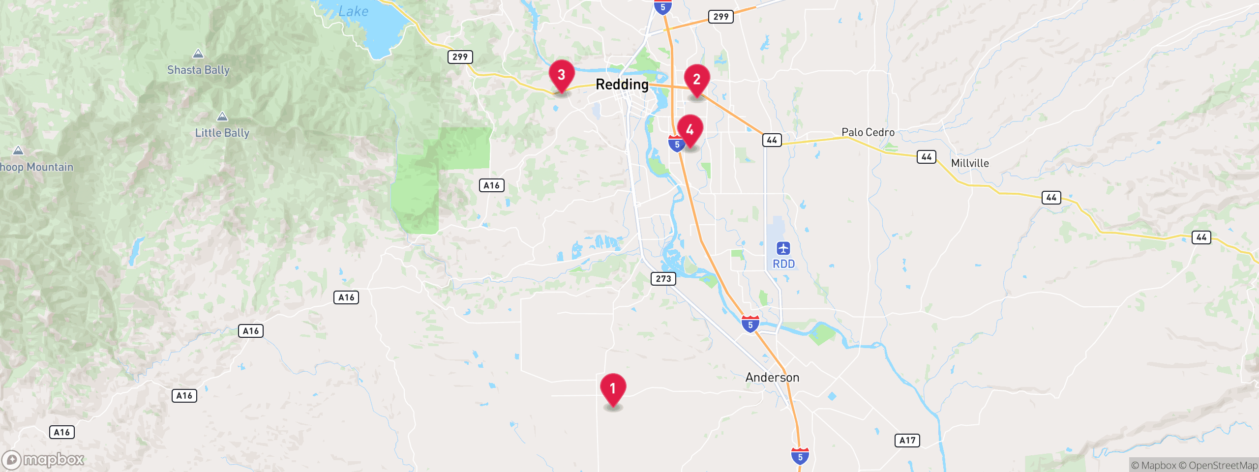Map of 4 sample notice of default properties in Shasta County, numbered to match the table