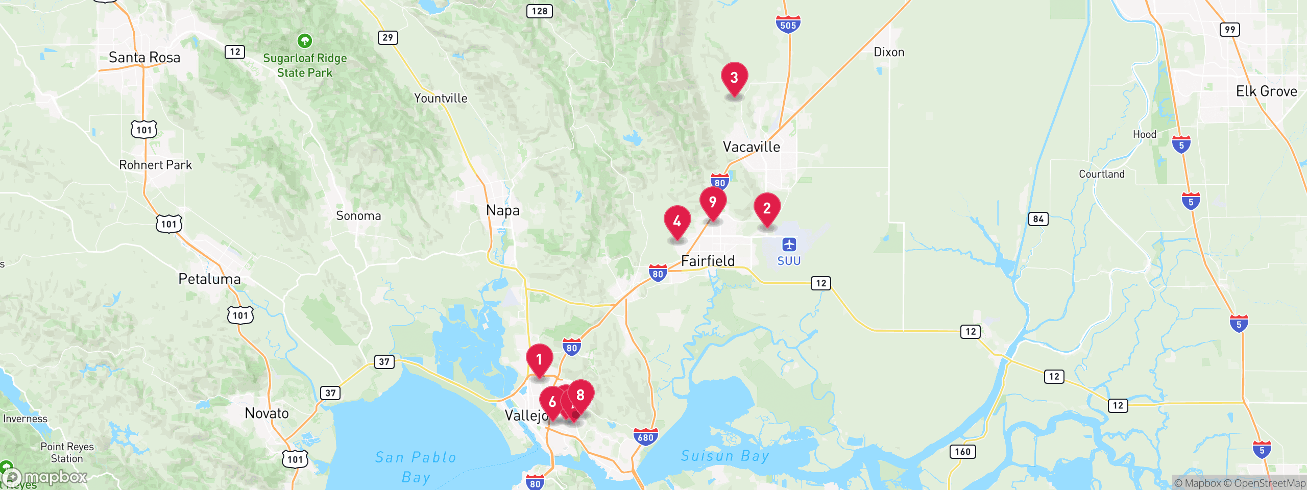 Map of 9 sample notice of default properties in Solano County, numbered to match the table