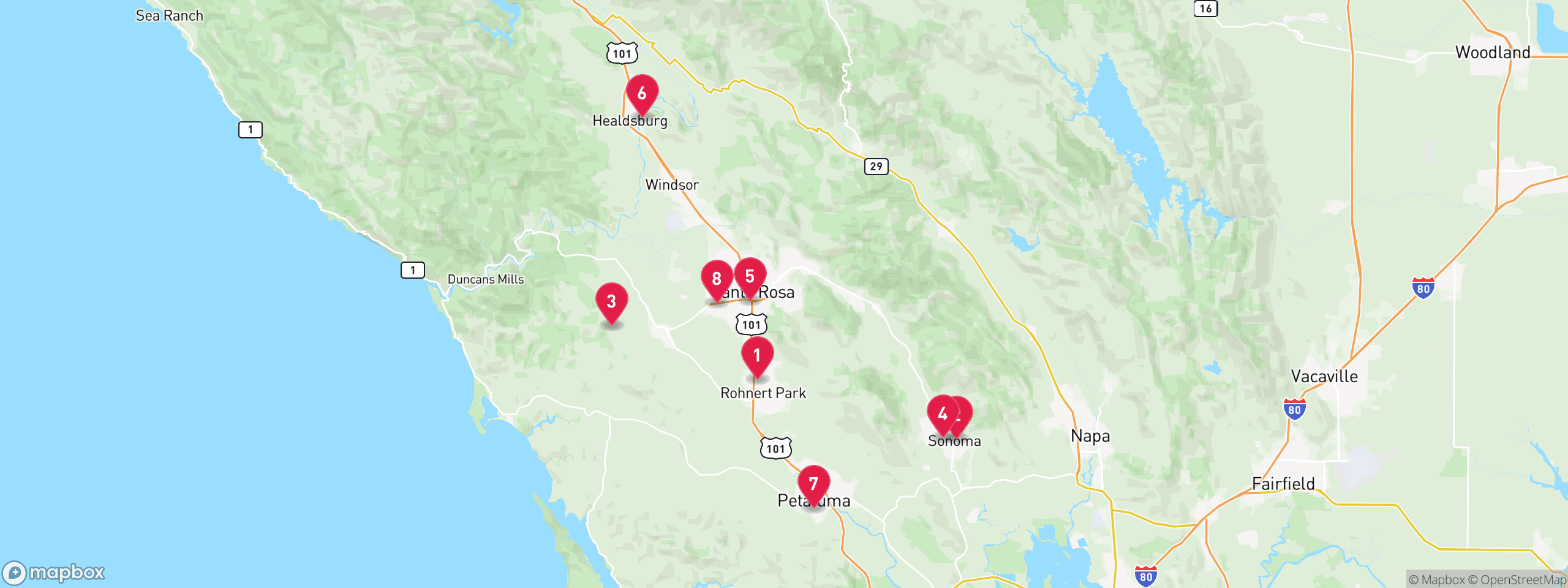 Map of 8 sample notice of default properties in Sonoma County, numbered to match the table