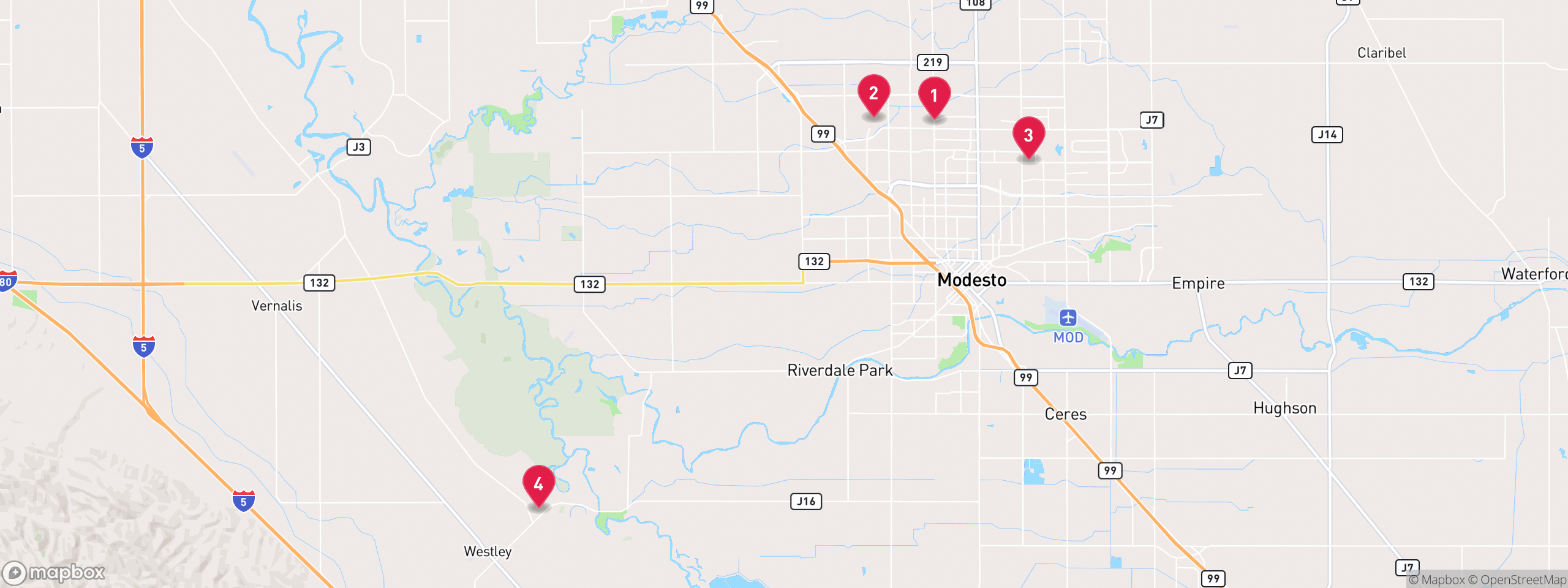 Map of 4 sample notice of default properties in Stanislaus County, numbered to match the table
