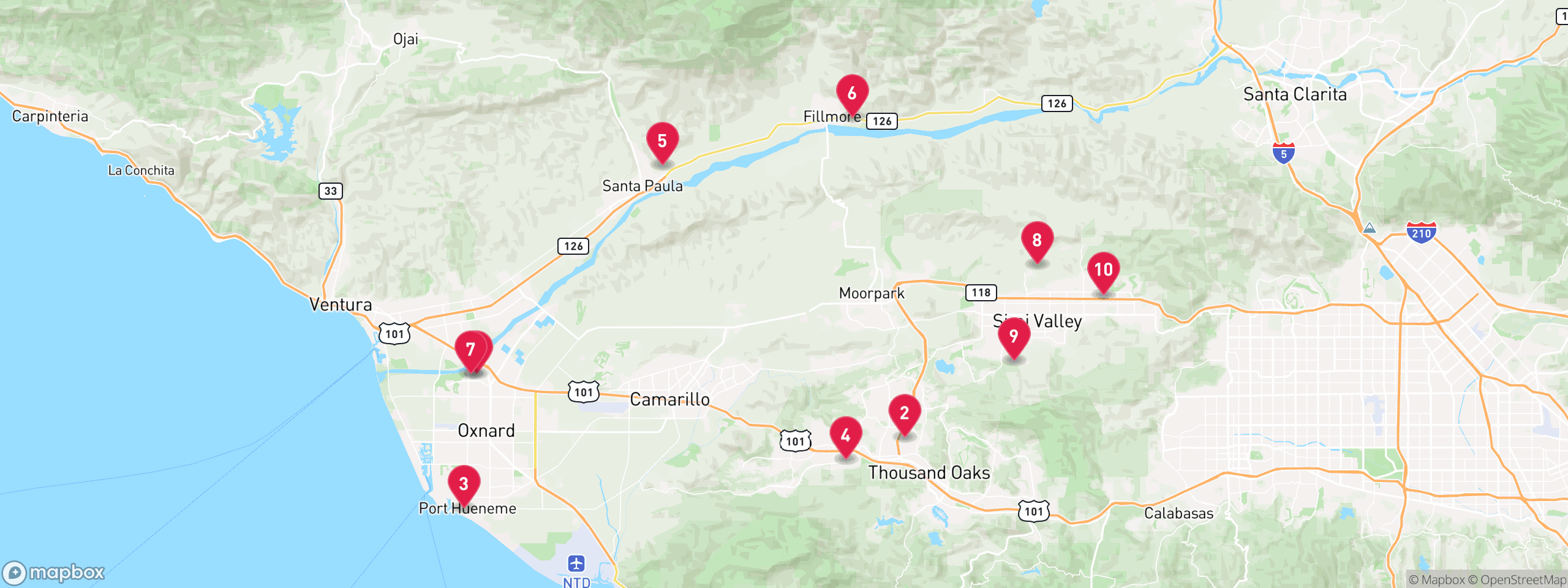 Map of 10 sample notice of default properties in Ventura County, numbered to match the table