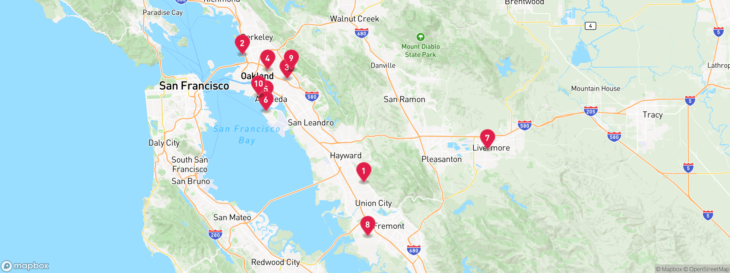 Map of 10 sample pre-foreclosure properties in Alameda County, numbered to match the table