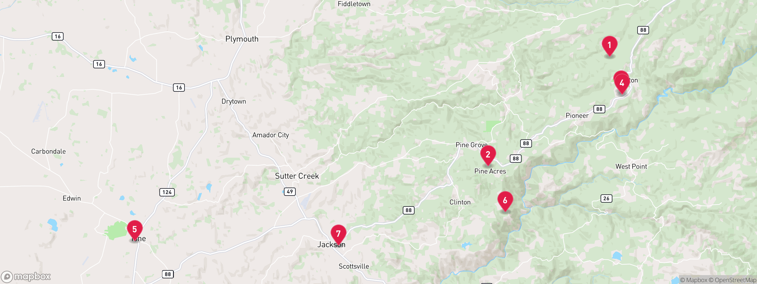 Map of 7 sample pre-foreclosure properties in Amador County, numbered to match the table