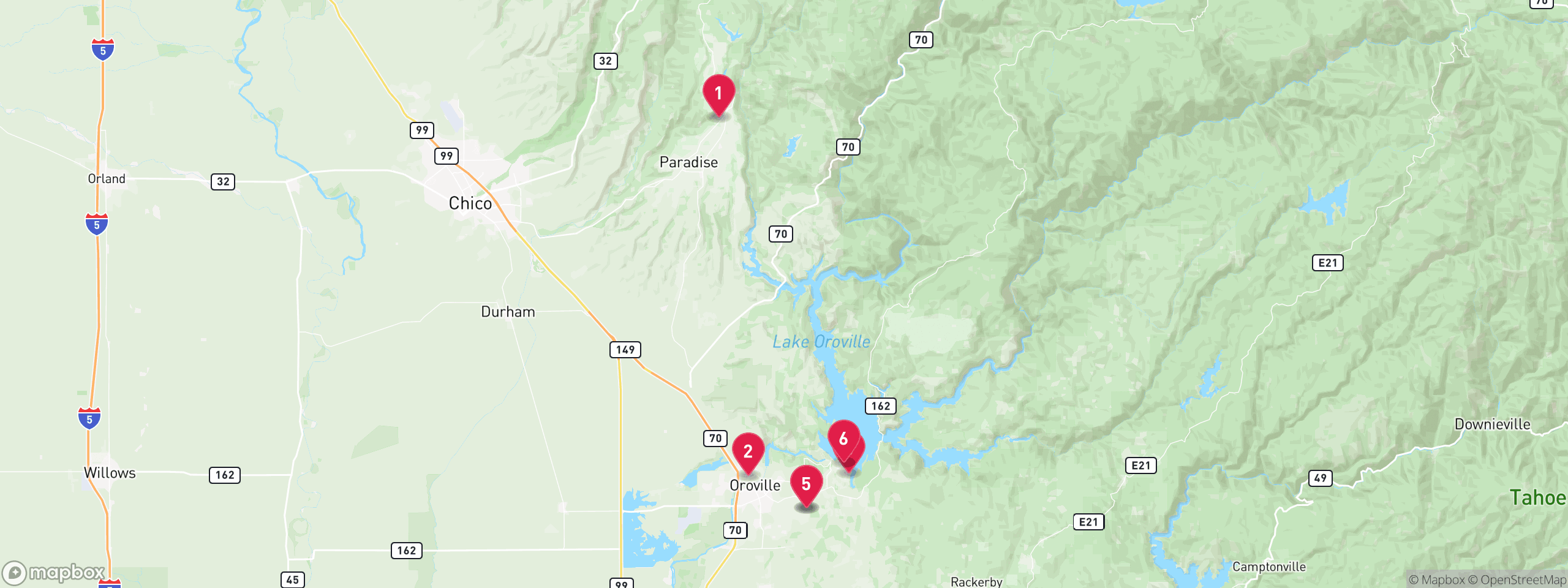 Map of 6 sample pre-foreclosure properties in Butte County, numbered to match the table