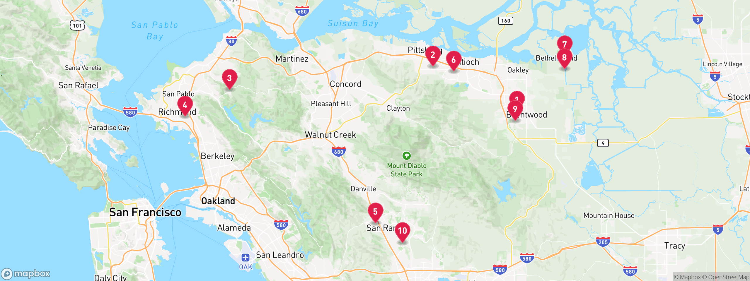 Map of 10 sample pre-foreclosure properties in Contra Costa County, numbered to match the table