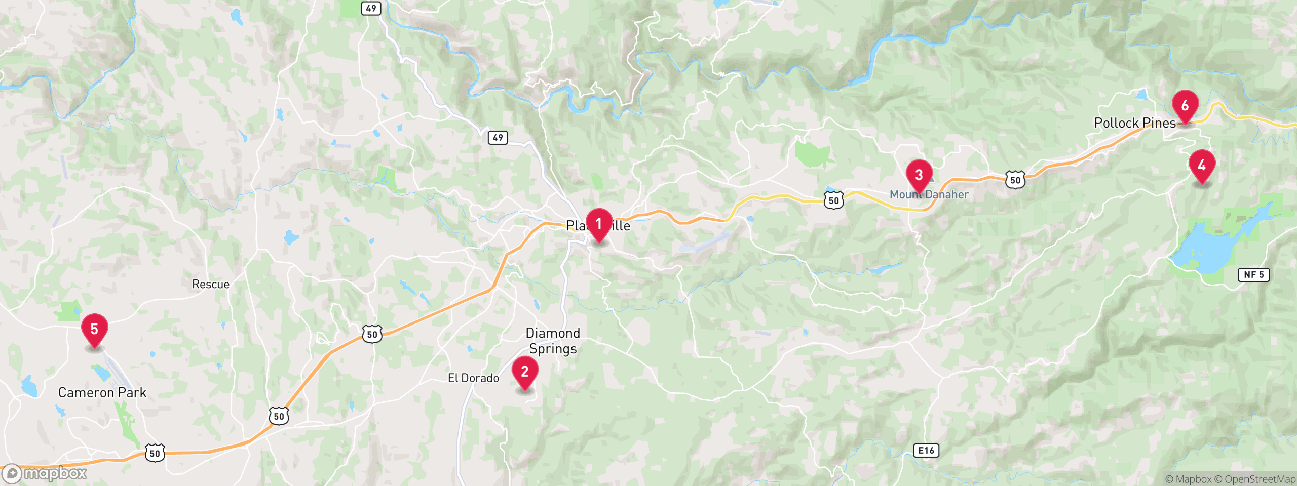 Map of 6 sample pre-foreclosure properties in El Dorado County, numbered to match the table
