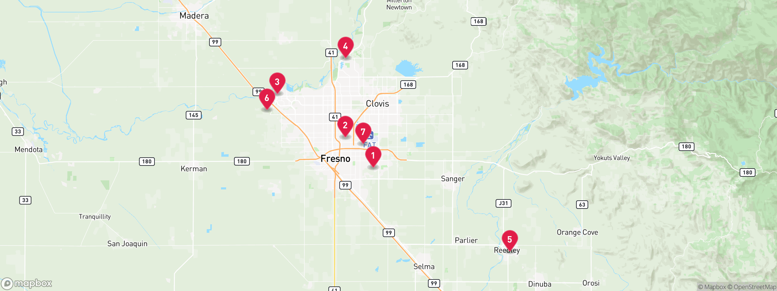 Map of 7 sample pre-foreclosure properties in Fresno County, numbered to match the table