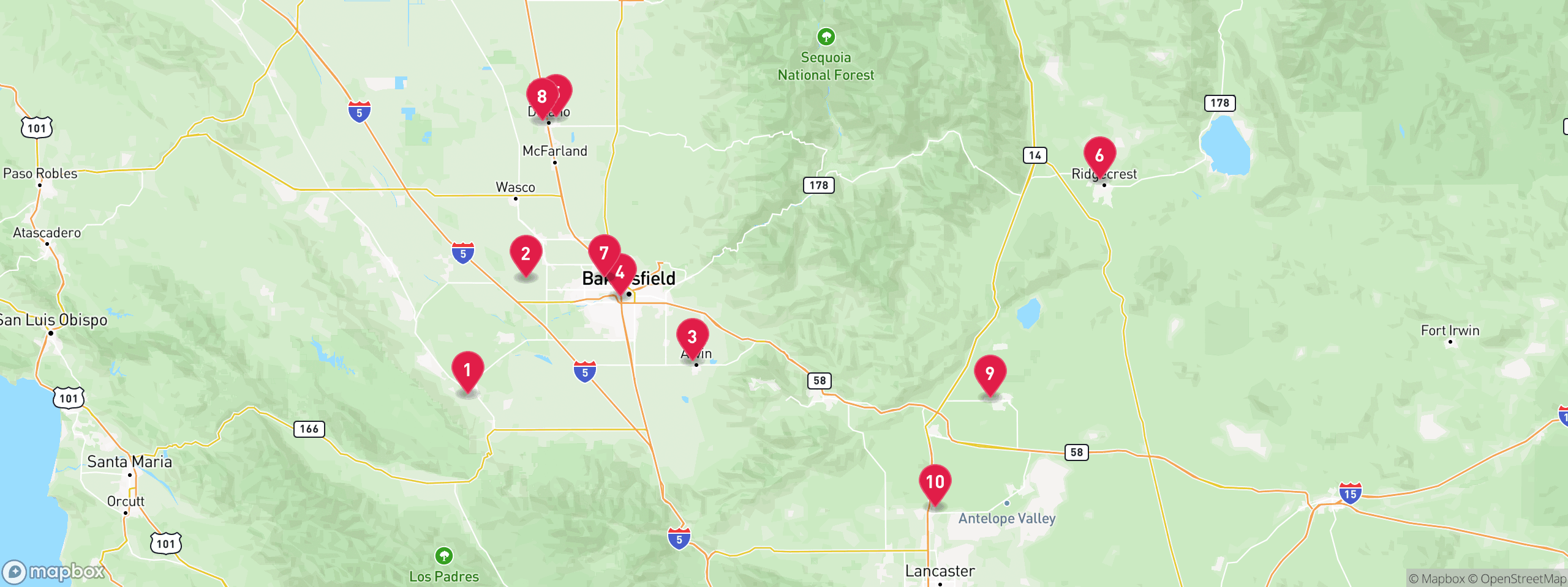 Map of 10 sample pre-foreclosure properties in Kern County, numbered to match the table