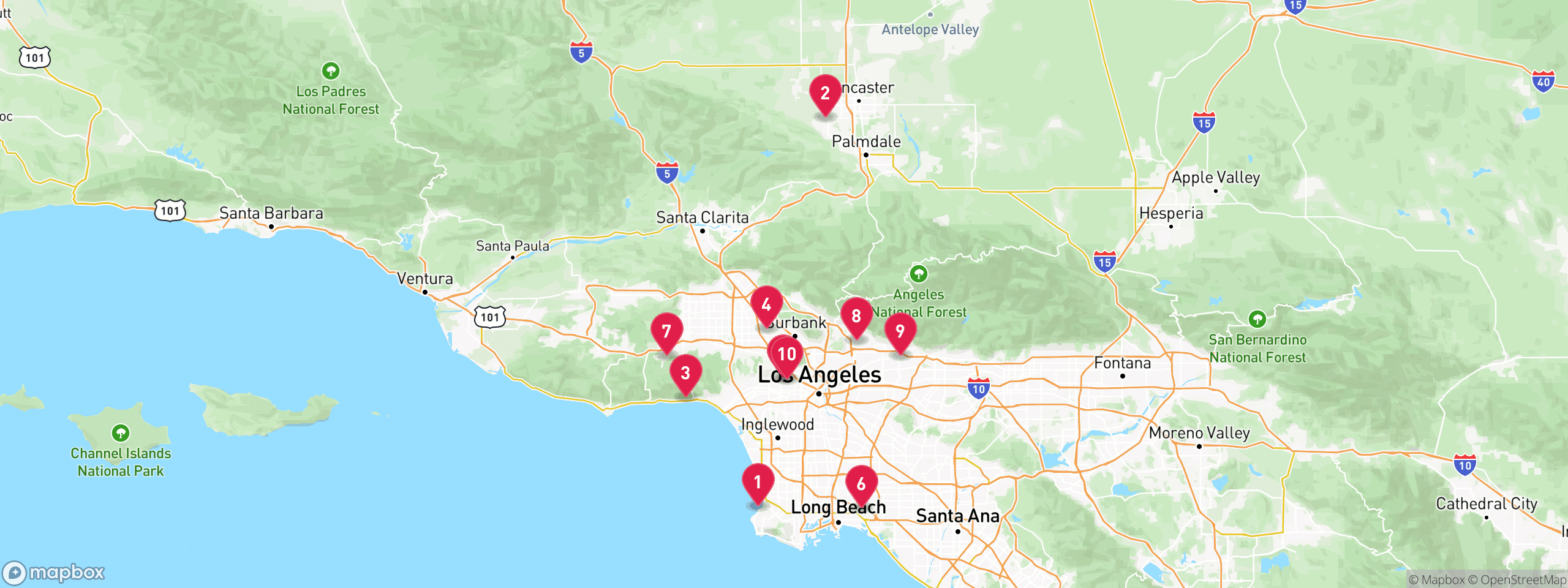 Map of 10 sample pre-foreclosure properties in Los Angeles County, numbered to match the table