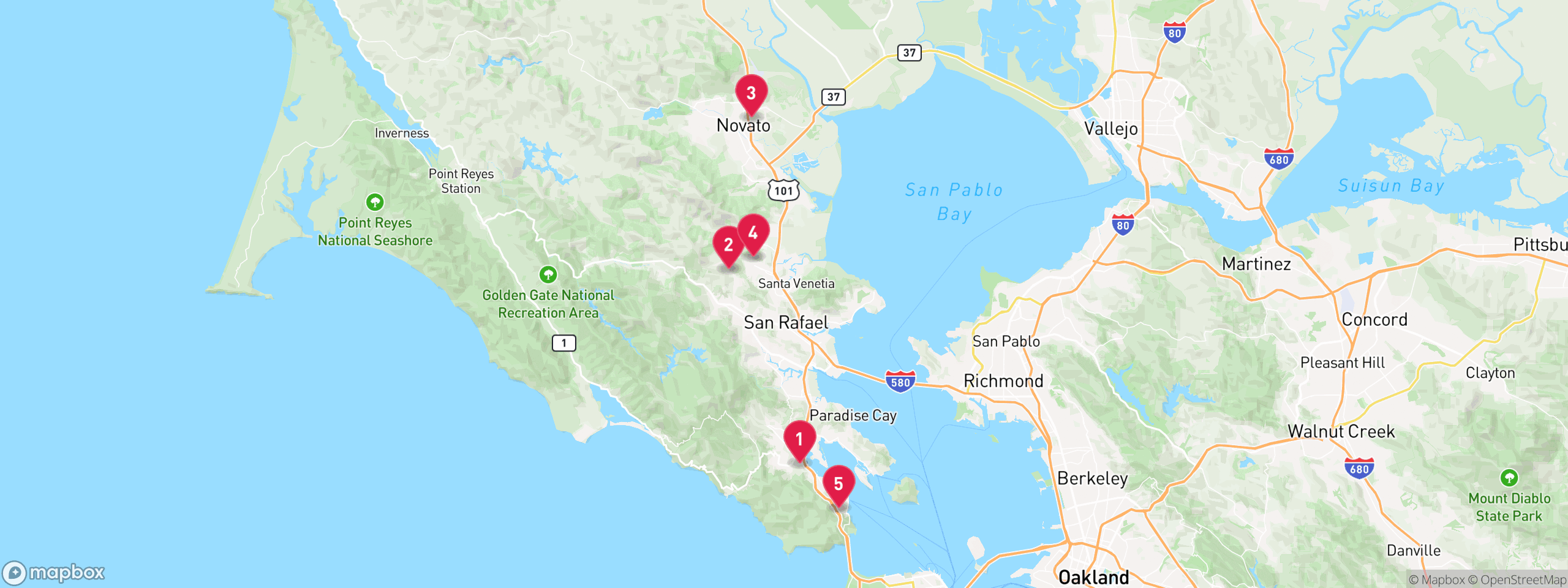 Map of 5 sample pre-foreclosure properties in Marin County, numbered to match the table