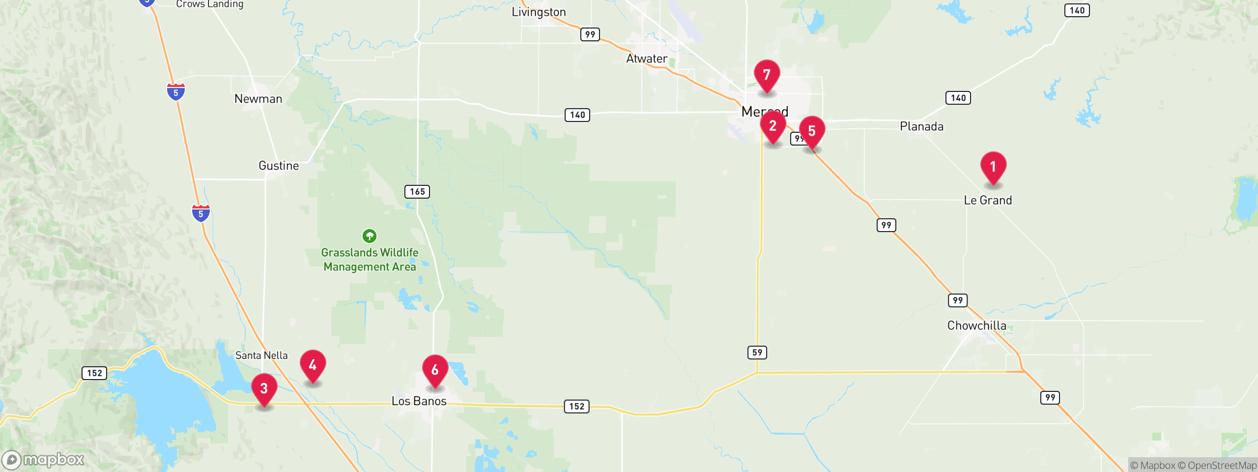 Map of 7 sample pre-foreclosure properties in Merced County, numbered to match the table