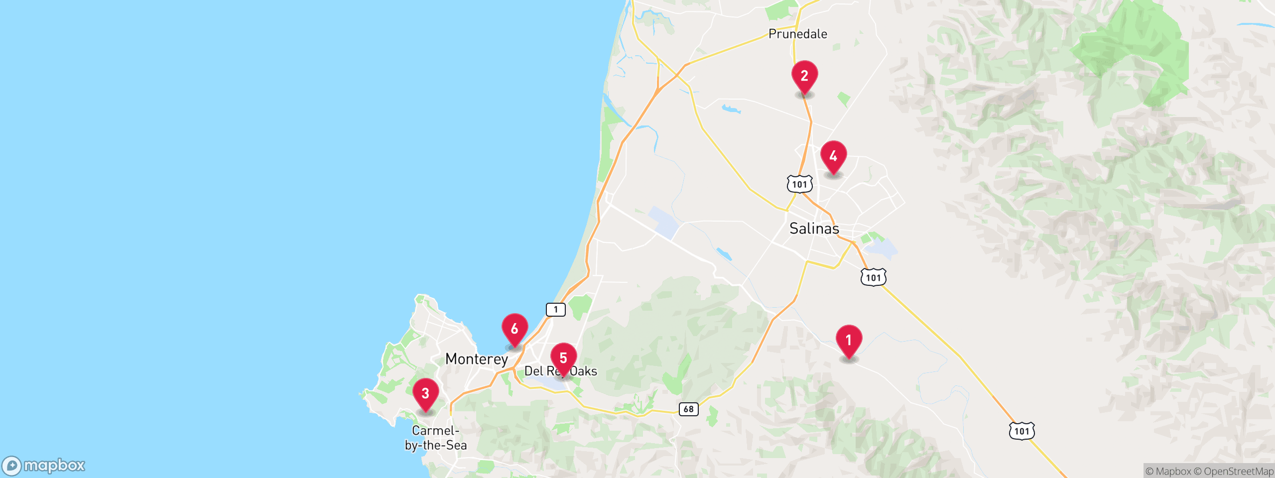Map of 6 sample pre-foreclosure properties in Monterey County, numbered to match the table