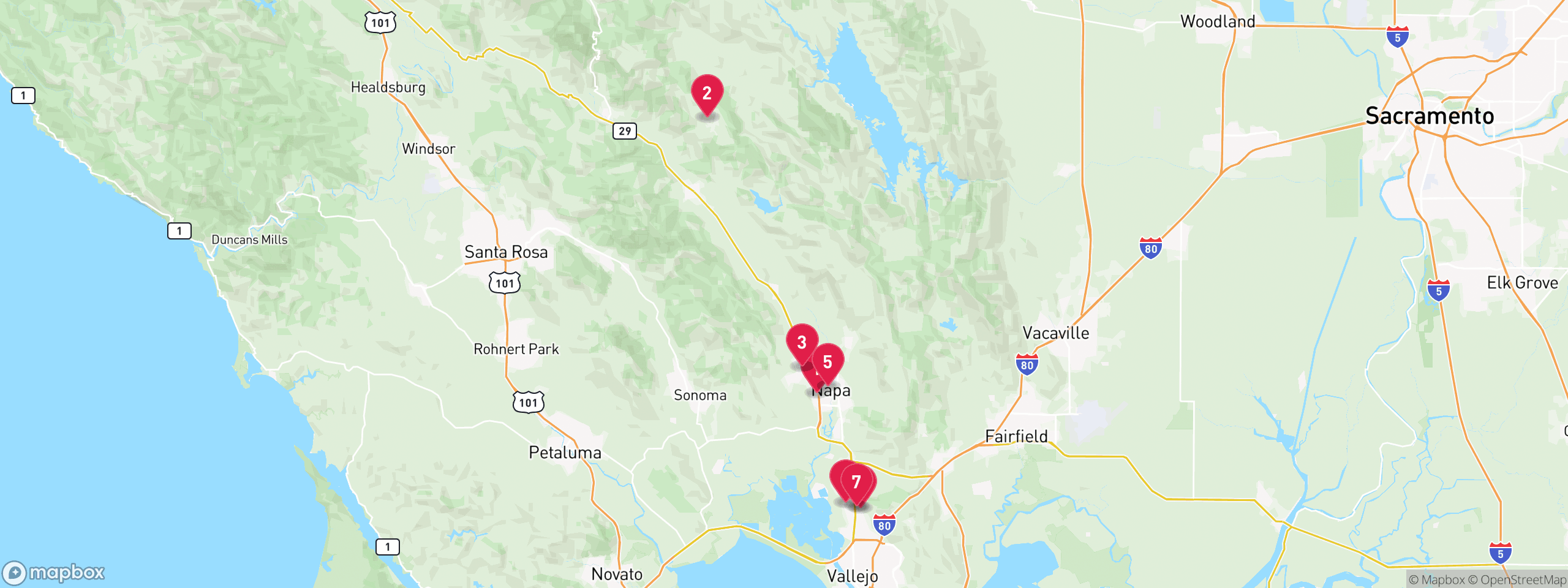 Map of 7 sample pre-foreclosure properties in Napa County, numbered to match the table