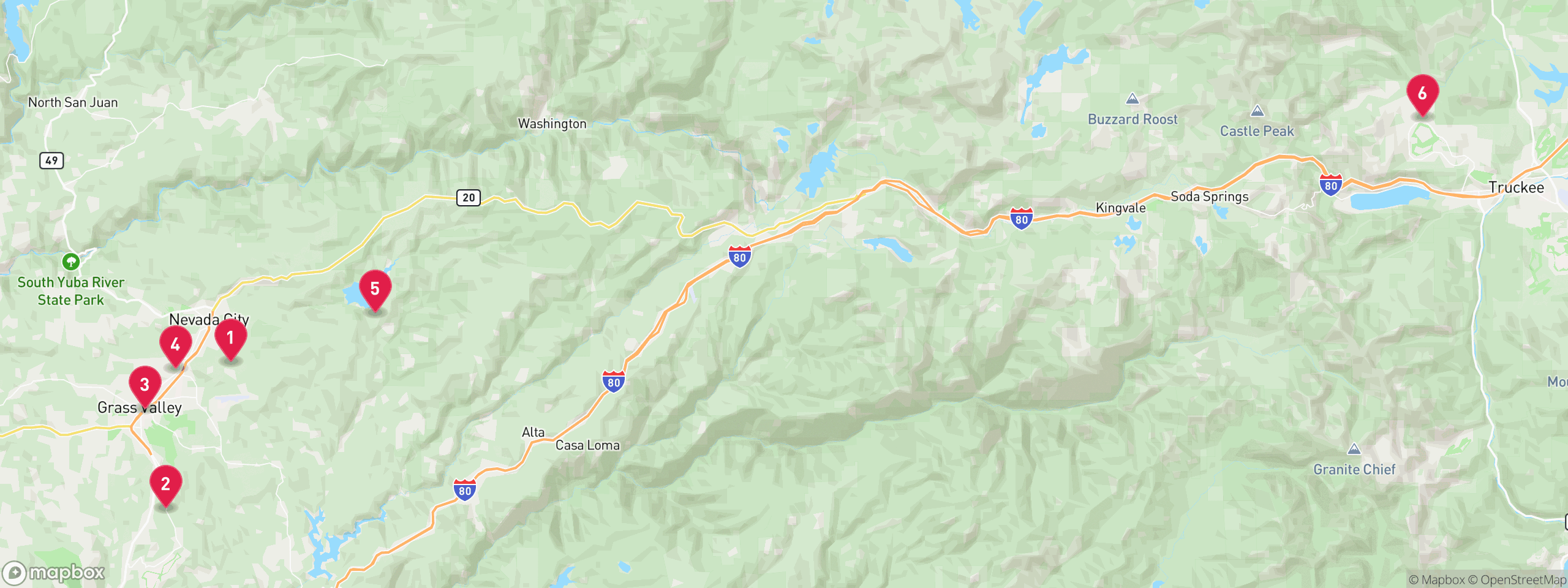 Map of 6 sample pre-foreclosure properties in Nevada County, numbered to match the table