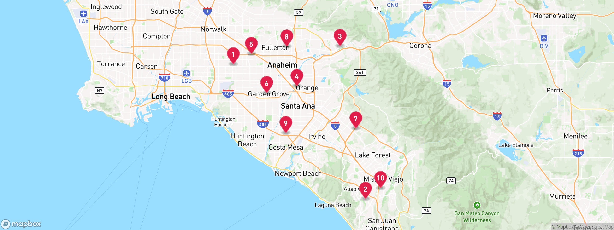 Map of 10 sample pre-foreclosure properties in Orange County, numbered to match the table