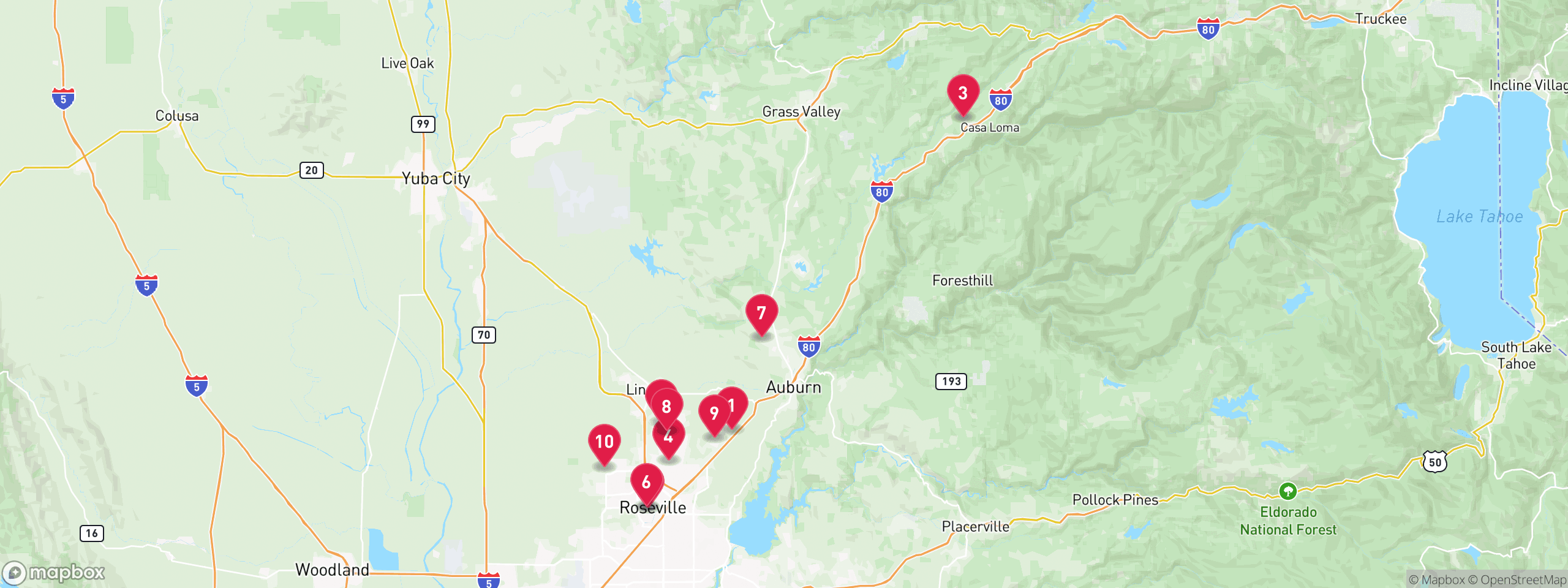 Map of 10 sample pre-foreclosure properties in Placer County, numbered to match the table