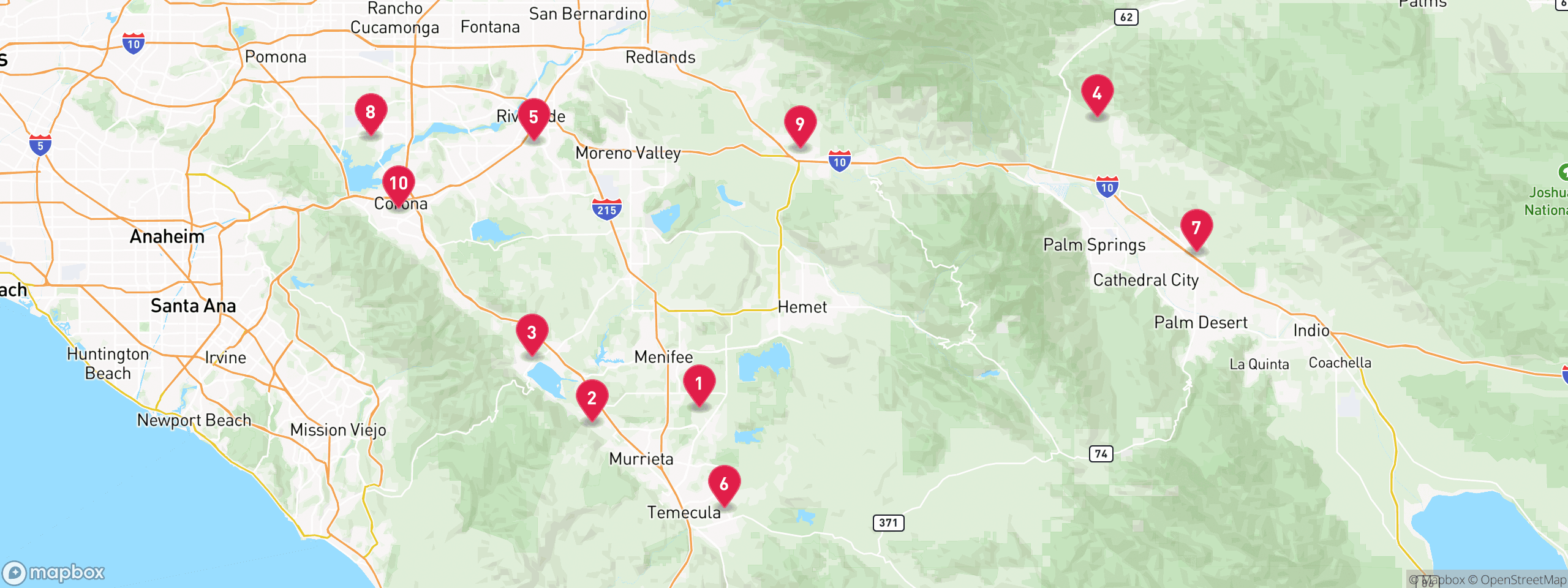 Map of 10 sample pre-foreclosure properties in Riverside County, numbered to match the table