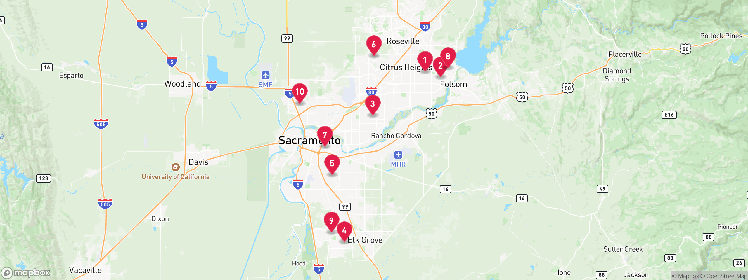 Map of 10 sample pre-foreclosure properties in Sacramento County, numbered to match the table